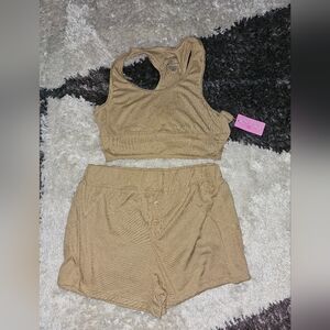 Tan Ribbed Crop Top and Pajama Short Set Size Large New With Tags
